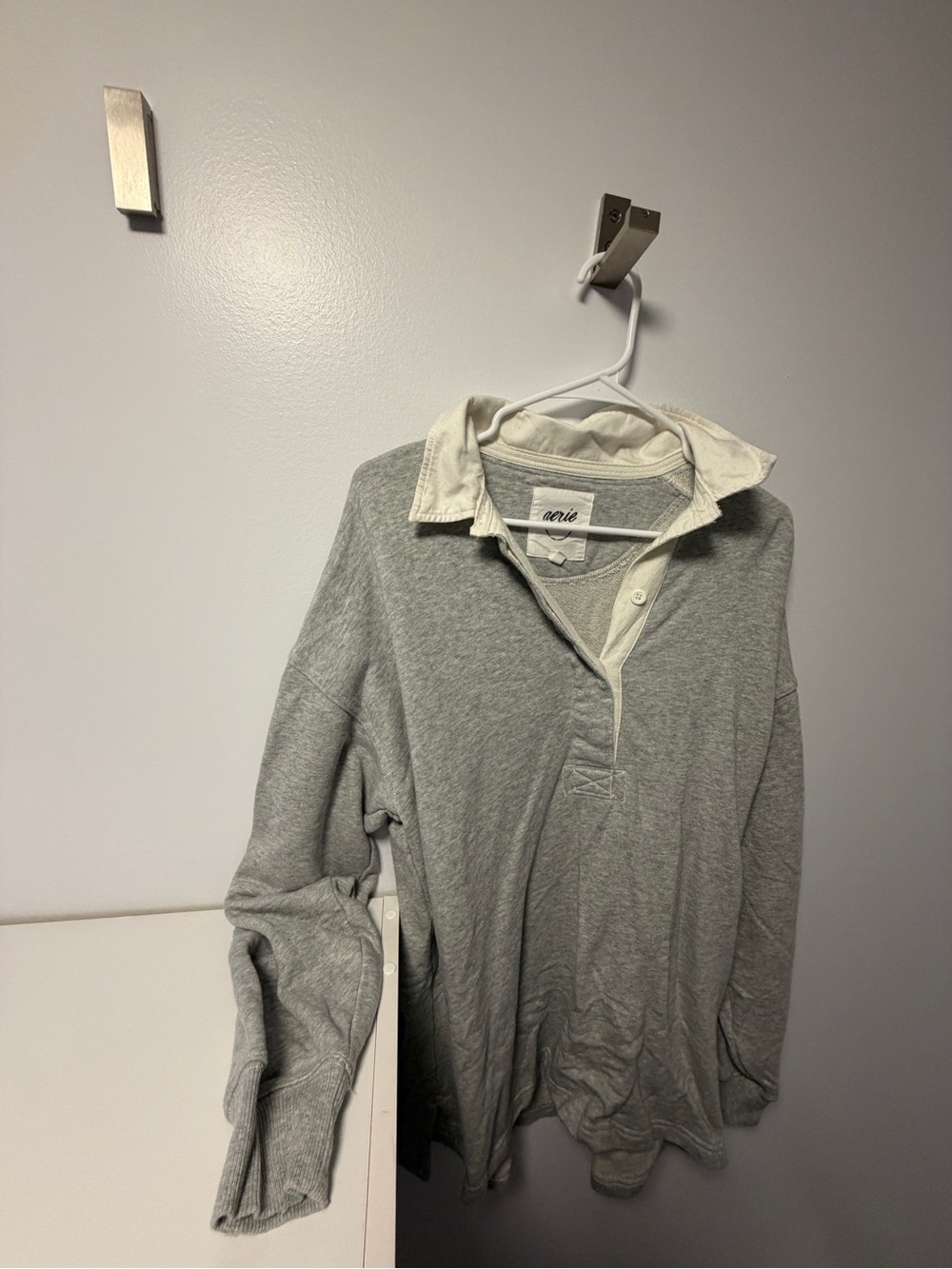 aerie Light Gray Rugby Sweatshirt with Cream Collar